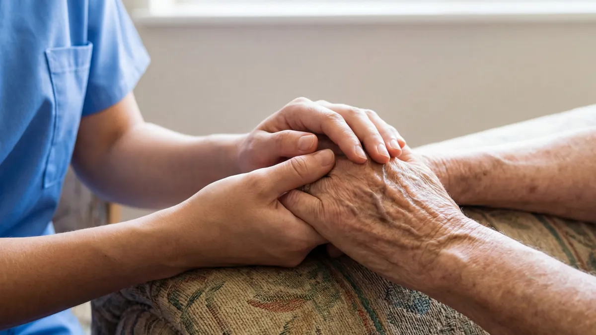 Care worker holding the hands of an older care home resident, representing dignity and choice in DoLS decisions after the Cheshire West ruling