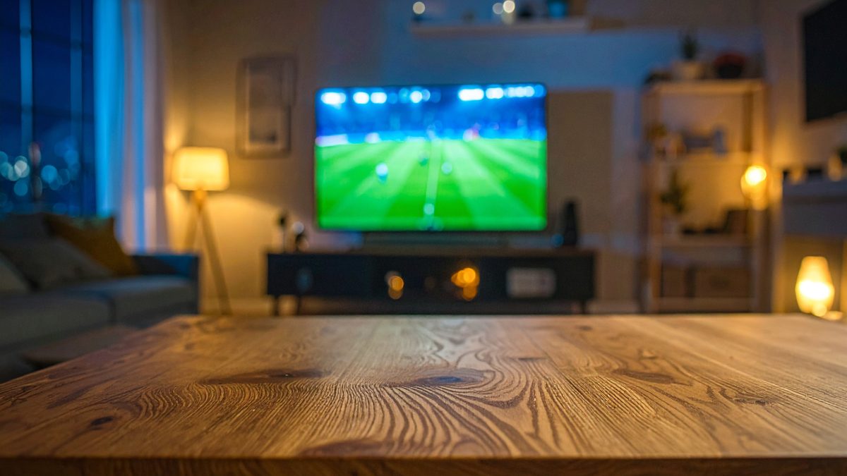 Empty living room with a football match playing on the TV in the evening, illustrating the quiet reality behind domestic abuse and football